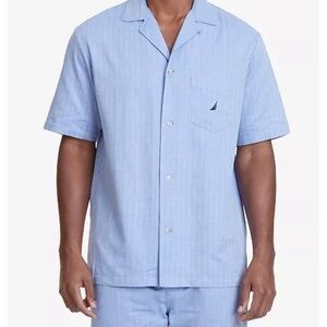 Nautica Sleepwear Men's Herringbone Button Down Pajama Top M Cornflower Blue